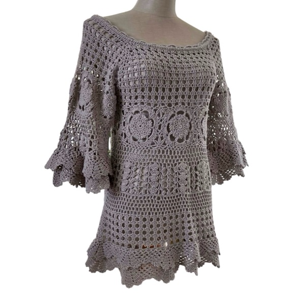 Crochet Top Boho Festival Beach Coastal Open Knit Flutter Bell Sleeves Small - Picture 4 of 5